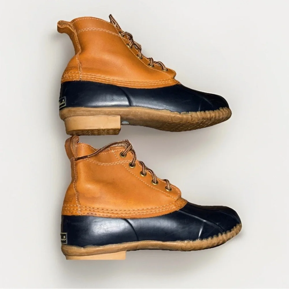 VTG Eddie Bauer Womens 6‎  Duck Boots Tan Leather Navy Lace Up Winter Rain Shoes